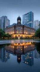 Obraz premium City building reflected in a pond at twilight