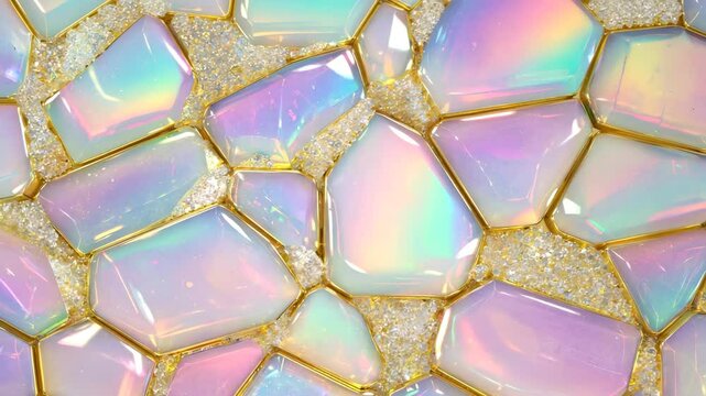 Extreme close-up macro shot of a beautiful mosaic of iridescent opal gemstones set in gold with sparkling crystals