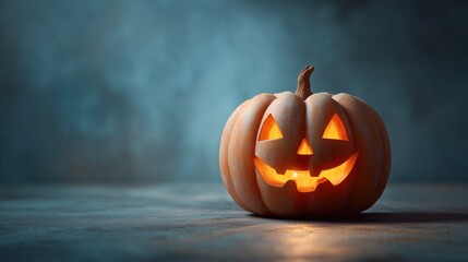 Classic Halloween jack-o’-lantern with carved face glowing in warm light on dark background perfect for spooky seasonal visuals, autumn promotions and festive Halloween designs