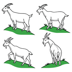Fototapeta premium Illustrative Goats Grazing on Green Hills Depicted in Black and White Line Art Style Isolated Against a White Background