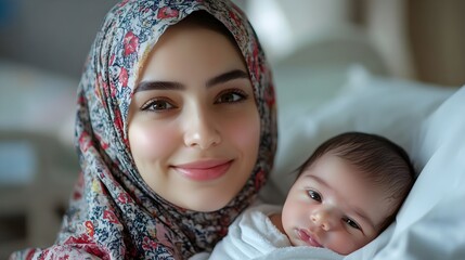 Loving Muslim Mother in Floral Hijab Gently Holds Her Newborn Baby