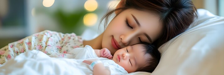 Tender Mother and Newborn Baby Sleeping Peacefully Together in Bed A heartwarming scene of maternal love and infant rest