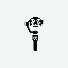Stylized black and white gimbal stabilizer icon with camera lens. Modern vector design on light gray background, perfect for tech, video, and photography themes.