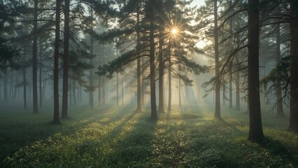 Naklejka premium Sunlight filters through tall pine trees in a tranquil forest, creating a serene and mystical atmosphere.