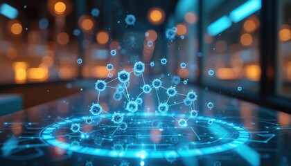 Illustration of researchers visualizing new chemical compound synthesis via advanced holographic tech in modern lab. Hologram display molecular structures in laboratory, scientific research,