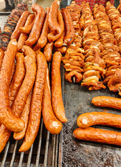 Large assortment of grilled sausages and kebabs at  Cracow christmas market