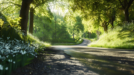 Fototapeta premium Serene Sunlit Forest Paths: Morning Light Filtering Through Lush Canopies