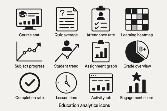 Education analytics icons: graphs, scores, trends, completion, engagement