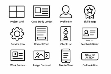 Icon set for ui design with project grid, profile bio, skill badge, and more