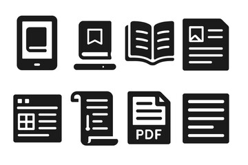 Solid Reading Icons. Solid style icons of reading and course material: e-book icon, reading progress, open course book, study