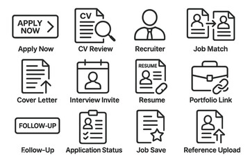Job application icons: cv, interview, resume, recruiter, job match graphics