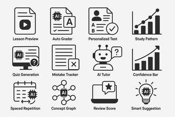 Ai education tools icons set: personalized test, quiz generation, study pattern