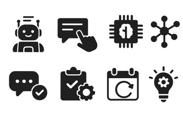 Solid AI Icons. Solid style icons of AI assistance: AI bot, smart suggestion, learning chip, neural icon. Solid style of