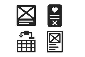 App Wireframe Icons. Solid style icons of wireframes for care apps: wireframe box, content structure, mockup layout, screen