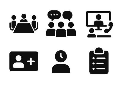 Business Meeting Icons. Solid style icons of meetings in business: meeting table, group chat, video board, call room. Solid style