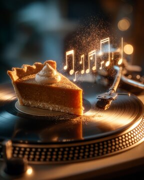 Naklejki A whimsical concept showing a slice of pumpkin pie placed on a spinning golden record, merging food with vintage music nostalgia.