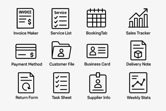 Collection of business icons featuring invoice maker and service list