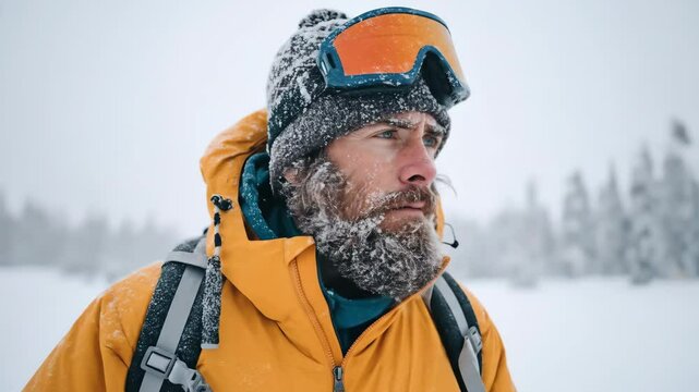 Serious bearded climber with frost on his beard, trekking through snowy mountain terrain as snowflakes fall, showcasing resilience and toughness in freezing weather.

