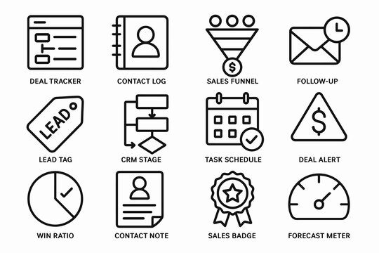 Crm icons overview: deal tracker, sales funnel, task schedule, lead tag, contact log