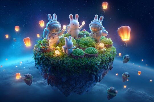 An island floating in space, surrounded by glowing lanterns, with tiny rabbit astronauts on the surface