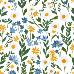 Seamless flat pattern of Nordic wildflowers and leaves on white