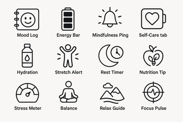 Minimalist wellness app icons for mood, energy, mindfulness, and self-care