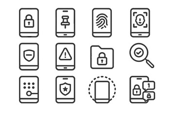 Set of mobile security icons including lock, fingerprint, and face recognition