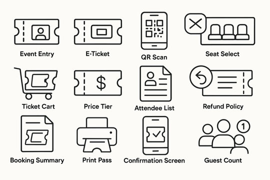 Event ticketing icons for e-ticket, qr scan, seat select, booking summary, and print pass