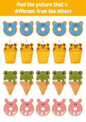 Logical games, educational activities for kids. Learning games for preschool, kindergarten. Find different picture. Printable worksheets, teacher resources. Training focus, attention, concentration.