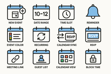Calendar icons: date range, time slot, reminder, rsvp, meeting link, guest list, block time