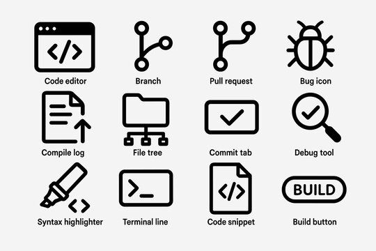 Programming icons: code editor, bug icon, debug tool, syntax highlighter, build button