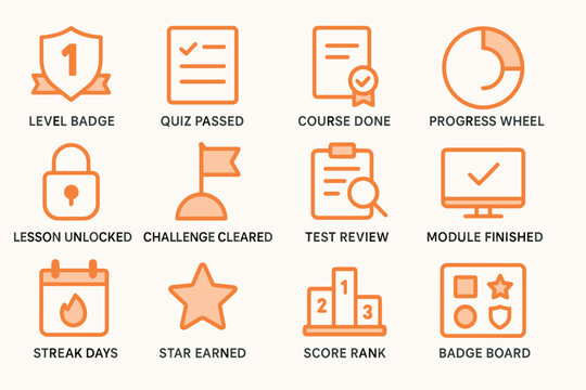 Gamified learning icons: badges, quizzes, challenges, and progress tracking symbols