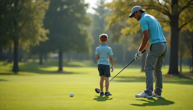 Father teaching young son play golf on green course. Man show boy how hit ball. Family activity at sunny day, sport outdoor, healthy lifestyle, summer vacation.