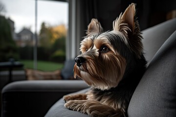 Home pet. Yorkshire terrier portrait on the sofa.