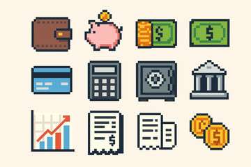 Retro pixel art money icons featuring wallet, piggy bank, and coin stack