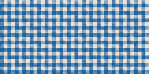 Seamless vector pattern with blue gingham check squares and diagonal stripes, traditional picnic tablecloth fabric texture, classic plaid background for textiles, crafts, decorations, design projects
