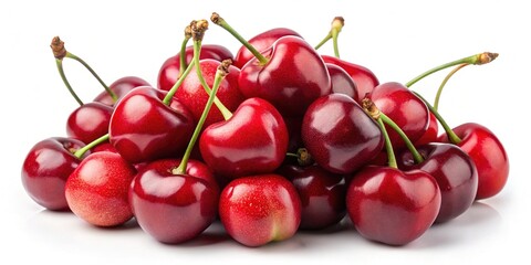 A vibrant pile of ripe red cherries on a clean white background