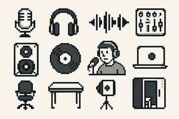 Retro pixel art of audio equipment icons including microphone, headphones, and vinyl record