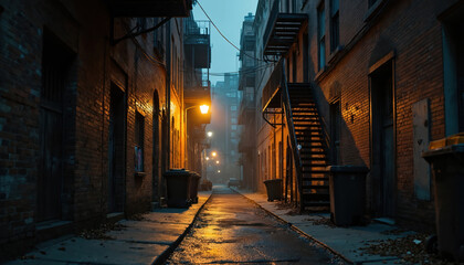 Fototapeta premium Gritty urban alleyway at night with flickering lights. Decaying brick walls with metal staircase. Wet asphalt reflects lamp lights. Ominous crime scene location, noir atmosphere.