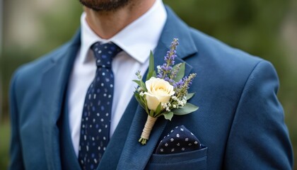 Close-up of man in blue suit with cream rose boutonniere. Wedding, formal event, celebration concept. Elegant attire for groom, special occasion. Stylish fashion detail of floral arrangement.