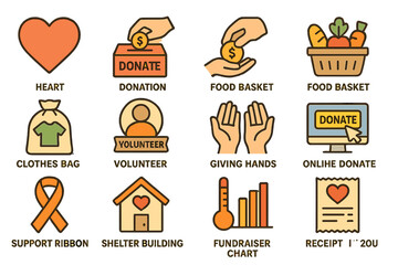 Icons representing charity and donation activities with heart and volunteer themes