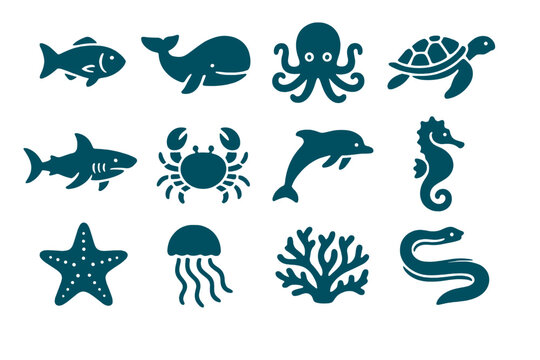 Glowing marine life icons: fish, whale, octopus, turtle, shark, crab, dolphin, seahorse