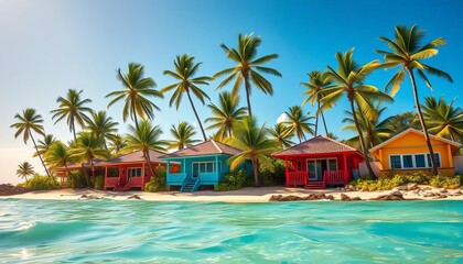 Obraz premium Vibrant tropical beach houses nestled amongst palm trees, lapping waves, sunny sky, bungalow, coastal scene