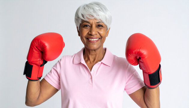 Una mujer negra mayor jubilada sonriente con expresion fuerte y decidida con guantes de boxeo en concepto de lucha, fuerza y salud sobre fondo blanco