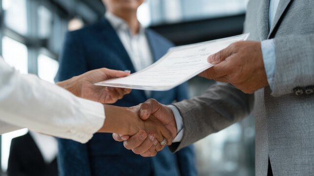 Close-up Business Hand Receiving Achievement Certificate