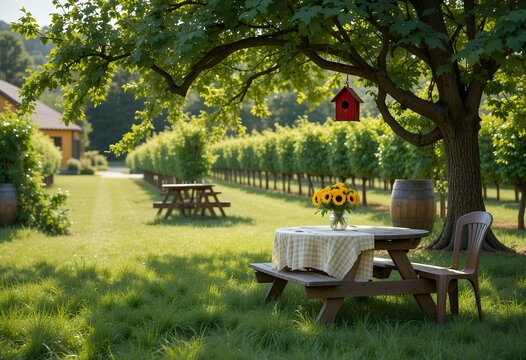 Peaceful outdoor picnic area with wooden tables and sunflowers under a large tree in a vineyard