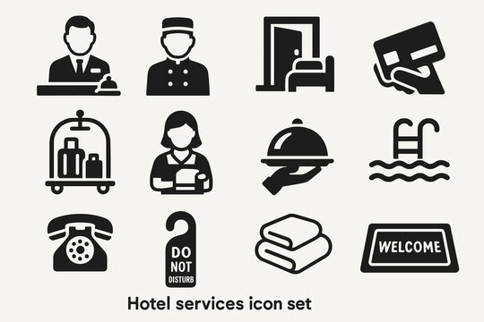 Hotel services icon set featuring concierge, bellhop, room service, pool, and amenities