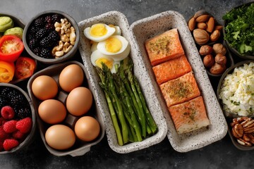 Healthy balanced meal prep with vegetables, fruits, nuts, and proteins

