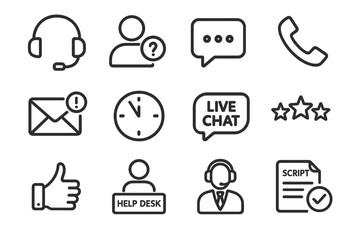 Customer support icons: headset, chat, email, call, live, help, review, script