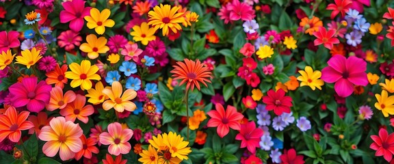 Vibrant blooms in a diverse array, creating a lush, colorful backdrop,  bright,   colorful wallpaper